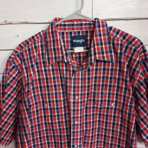 Vintage Wrangler Shirt Men's Pearl Snap XXL Red White Blue Short Sleeve Western - Picture 2 of 8